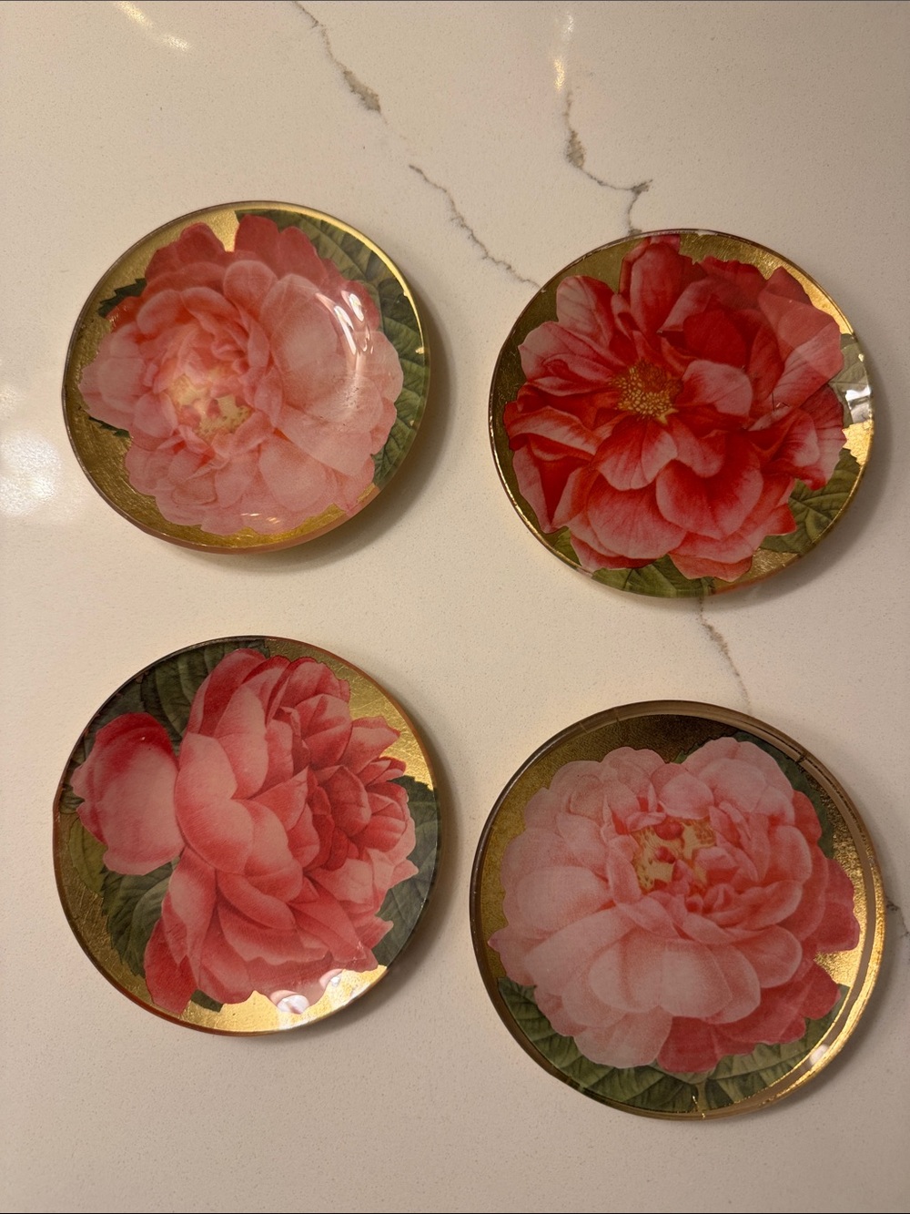 Floral Glass Coasters Set of 4 - Pink Peony Design with Gold Trim